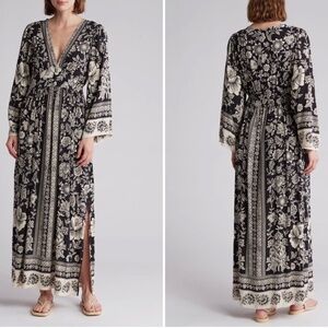 Nostalgia Small Maxi Dress Boho Buttery Soft Rayon Bell Sleeve Black Floral